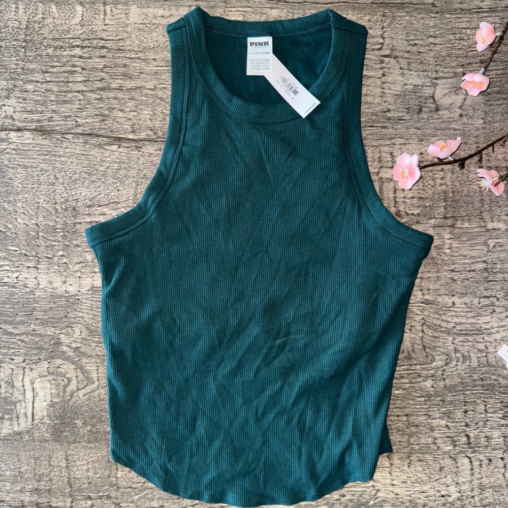 Ribbed PINK Victoria's Secret Tank Top Jade Green Built In Bra Racerback S
